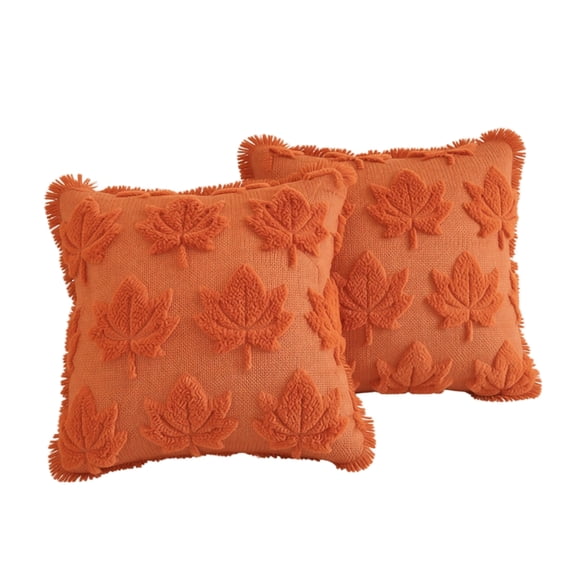 2 Pack, Fall Decorative Throw Pillow Covers 16 Inch, Burnt Orange Maple Leaf Accent Pillows for Couch, Soft Plush Textured Case for Halloween Autumn Thanksgiving Living Room
