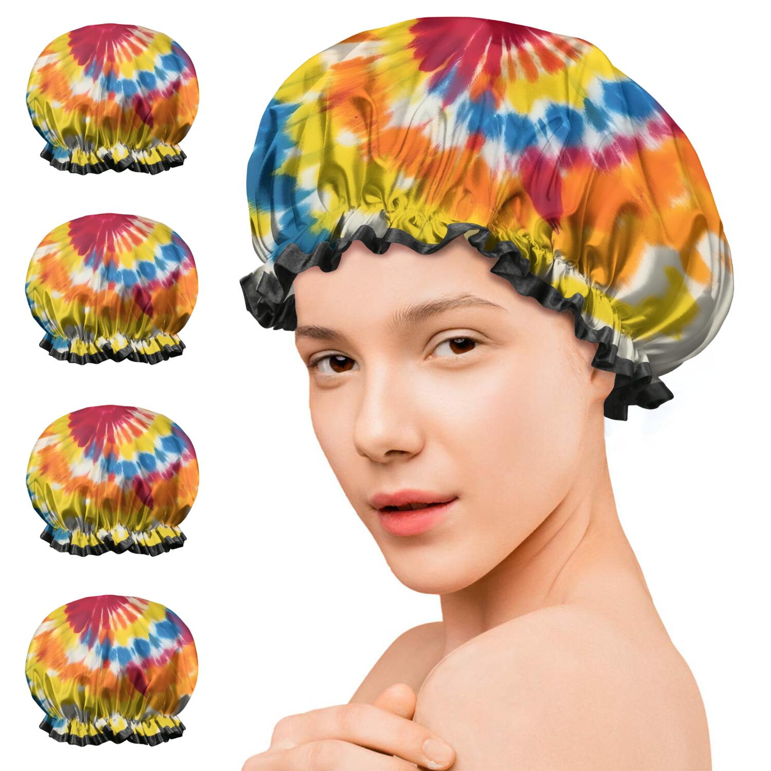 Shower Caps,Vibrant Tie Dye Spiral Waterproof Shower Cap for Women 4 Pieces,Double Reusable Hair Cover for Shower PEVA Elastic Stretch Hem