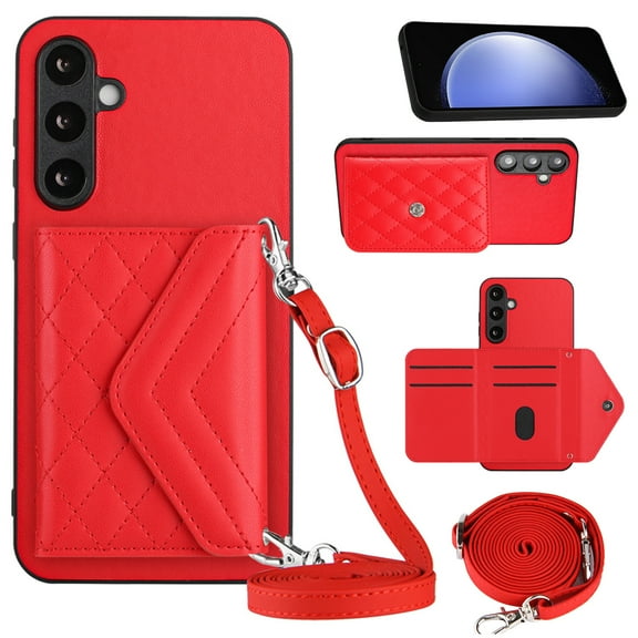 Envelope Design for Samsung S24 Case RFID Blocking Wallet Card Holder Leather PU Flip Cover Folio Lanyard Crossbody Strap Women Girl Magnetic Clasp Kickstand for Samsung Galaxy S24, Red