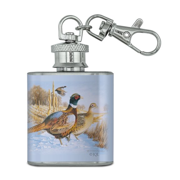 Pheasants in the Snowy Farm Field Stainless Steel 1oz Mini Flask Key Chain