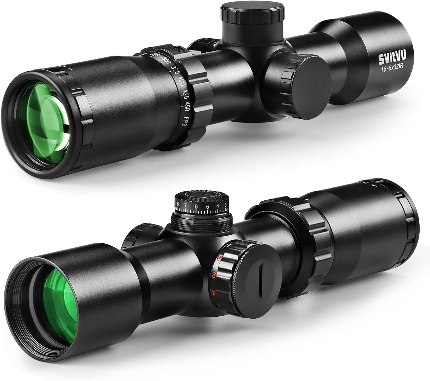 Professional Crossbow Scope, 300-450FPS(1.5-5x32), 20-100 Yards High Brightness and high Definition Red and Green Etched Glass Reticle, Free 20mm mounts