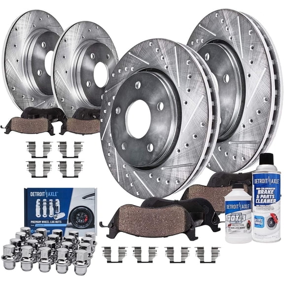 Detroit Axle - Brake Kit for Chrysler Town & Country Dodge Grand Caravan Drilled Slotted Disc Brake Rotors Ceramic Brakes Pads Lug Nuts Replacement [11.89" inch Front & 12.00" inch Rear Rotor]