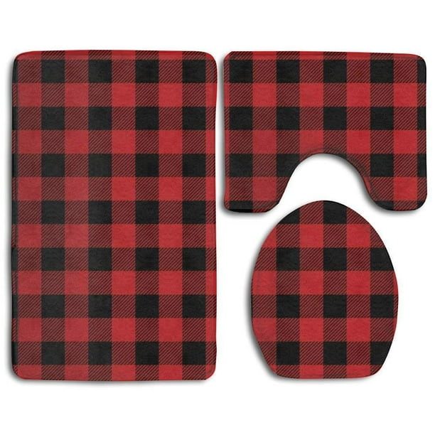 GOHAO Rustic Red Black Buffalo Check Plaid 3 Piece Bathroom Rugs Set