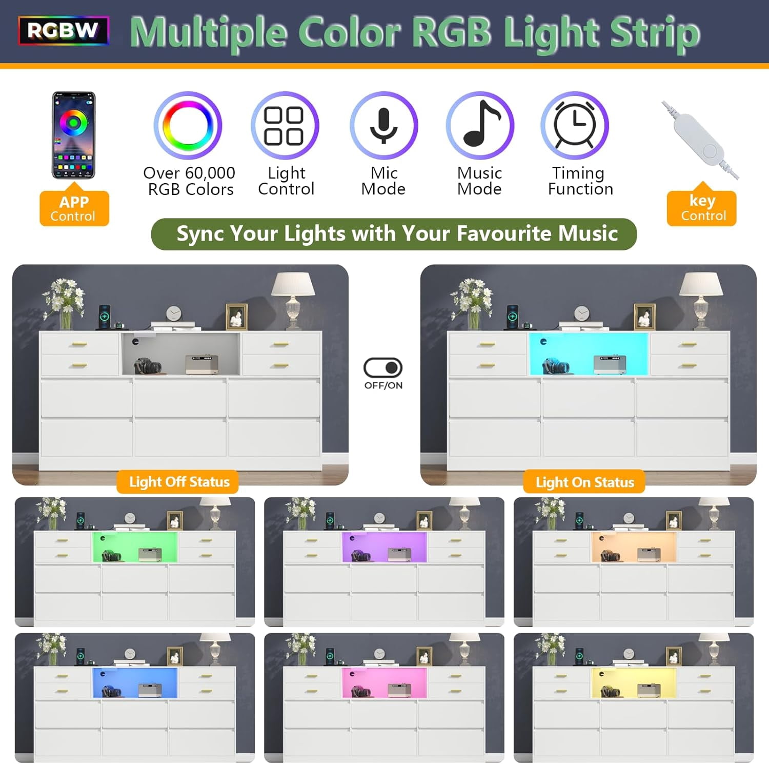 10-Drawer White Dresser with Charging Station and LED Lights, 58" Triple Wide TV Stand for TVs up to 65", Large Organizer with Open Cubby – STIKELY