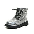 thumbnail image 2 of Povozer Girls Glitter Ankle Boots Lace Up Waterproof Combat Shoes With Side Zipper for Kid(Silver,4.5-5 Years), 2 of 6