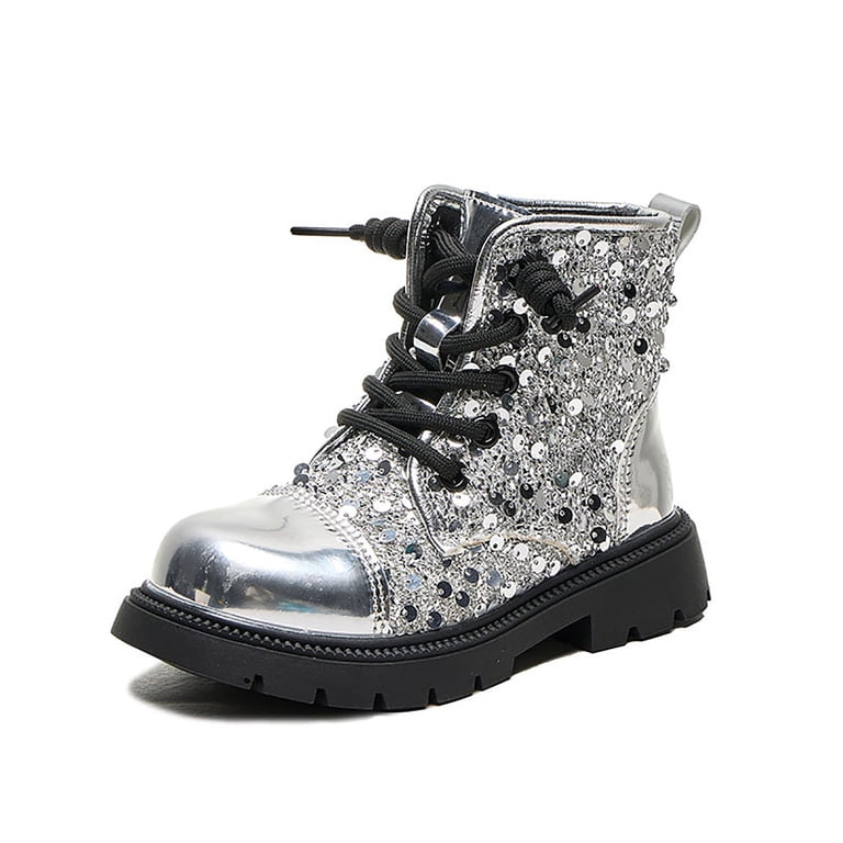 Povozer Girls Glitter Ankle Boots Lace Up Waterproof Combat 