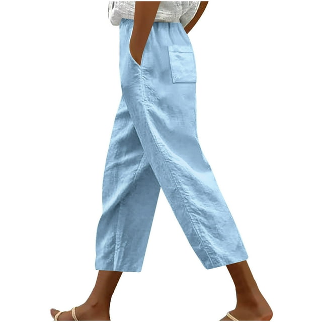 ohmzyzo Women's Casual Loose Harlan Pants With Drawstring Solid Color Lace Up Pockets Fashionable Cropped Pants