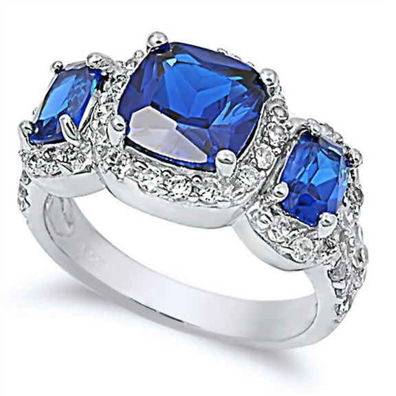 Men's Sterling Silver Cushion Cut Simulated Blue Sapphire CZ Three Stone Anniversary Ring 11MM ( Size 4 to 13 )