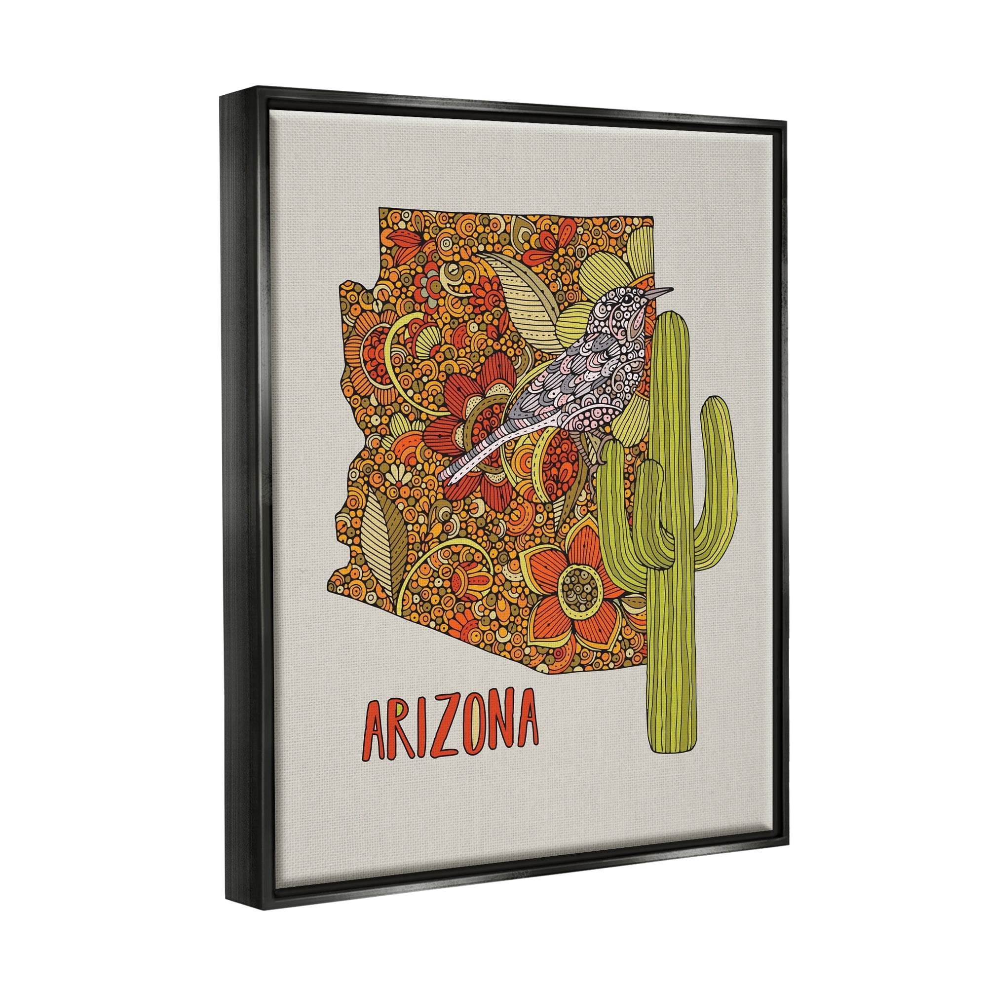 Stupell Industries Arizona State Bird Detailed Cactus Floral Pattern Graphic Art Jet Black Floating Framed Canvas Print Wall Art, Design by Valentina Harper