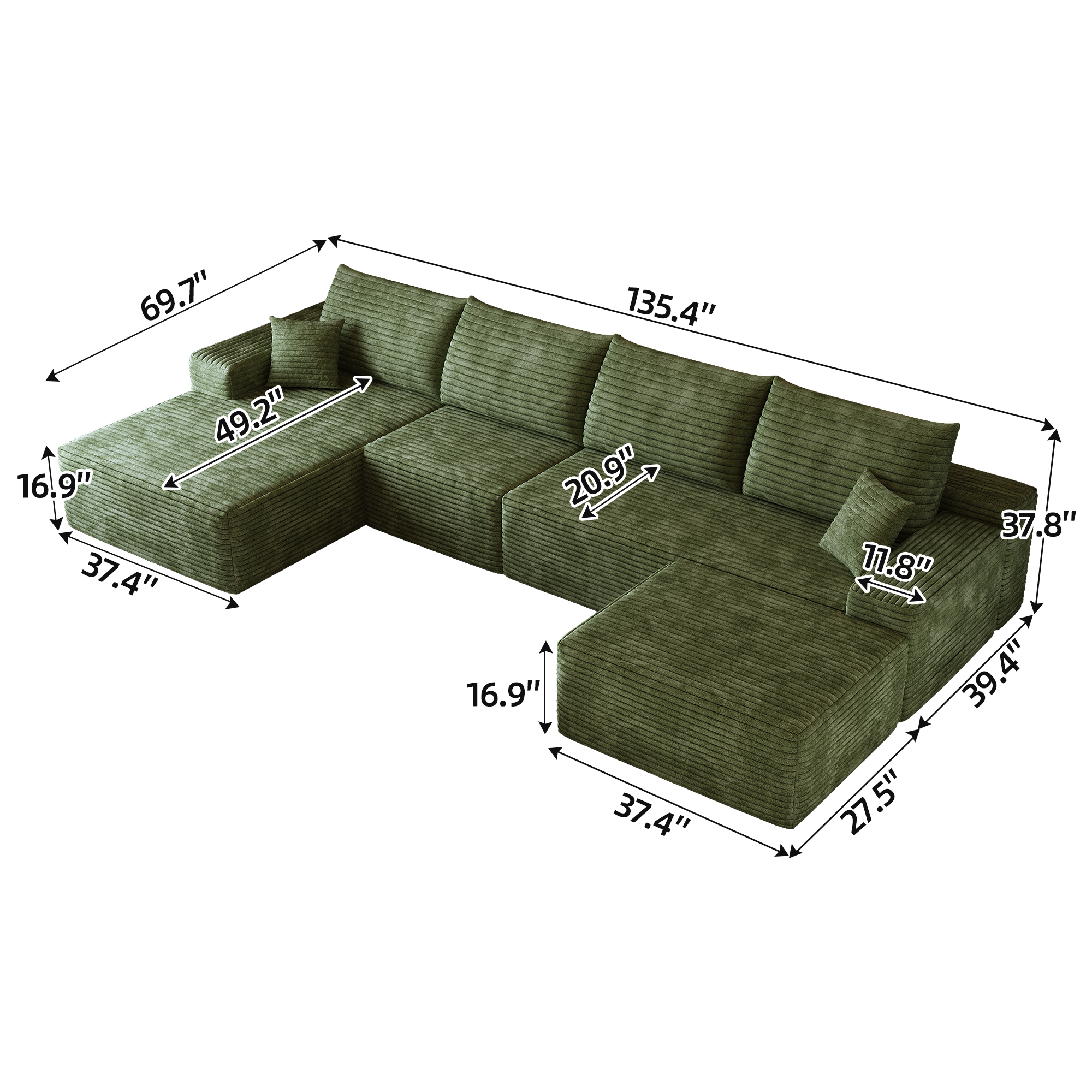 MAYEERTY 135" Cloud Sectional Sofa Green Plush Corduroy Fabric with 1 Ottoman Modern Minimalist Upholstered Couch Deep Seat Corner Sofa for Living Room No Assembly Required