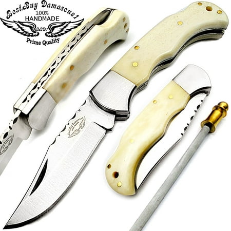 Best.Buy.Damascus1 Camel Bone 6.5'' Hand Made Stainless Steel Folding Pocket Knife Sliver Bloster with Sharpening Rod Back Lock 100% Prime