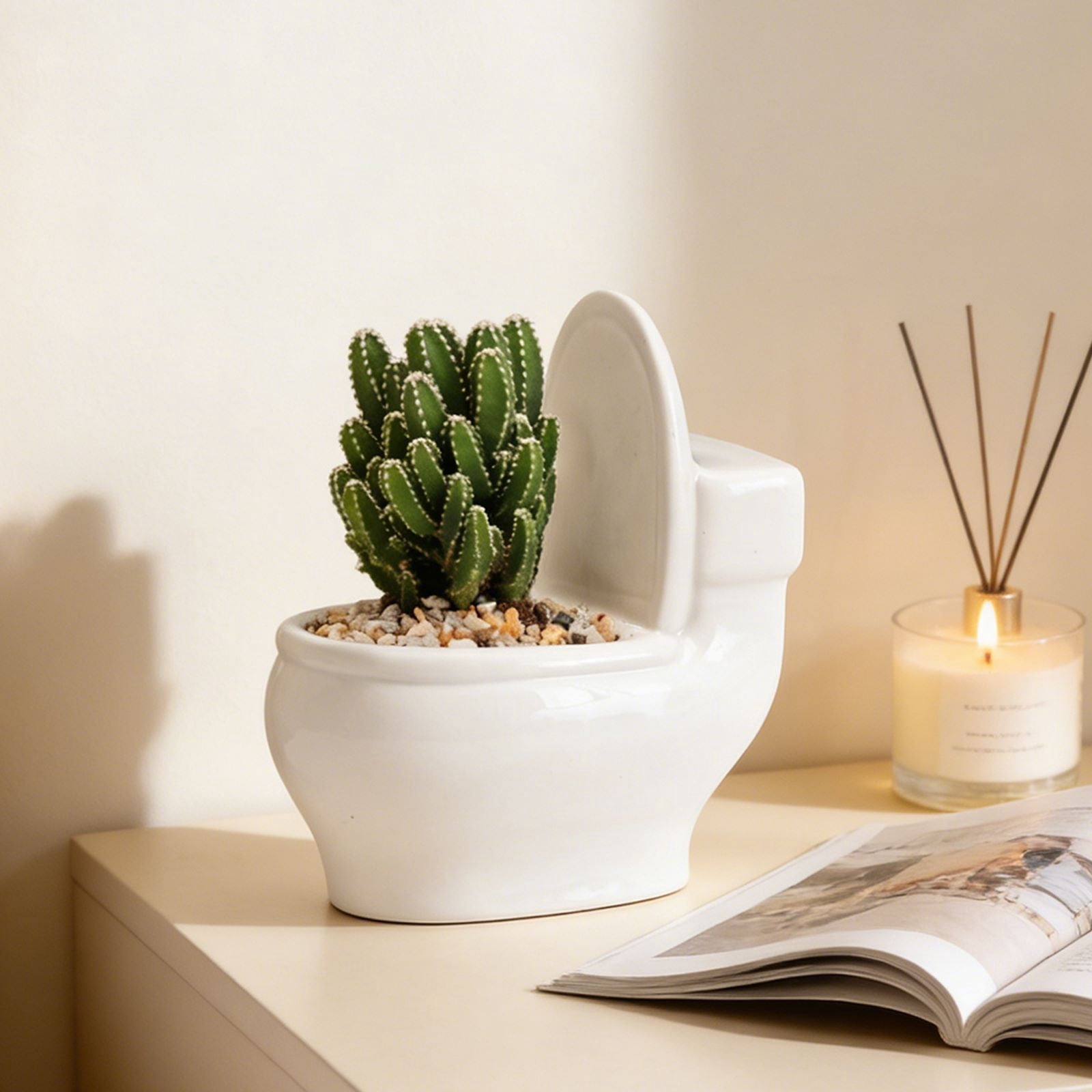 Personalized Toilet-Shaped Succulent Planter,White Ceramic Desktop Flower Pot,Unique European Style Small Plant Holder w/ Drainage,Perfect for Office Desk Balcony or Indoor Gardening Display-White-L