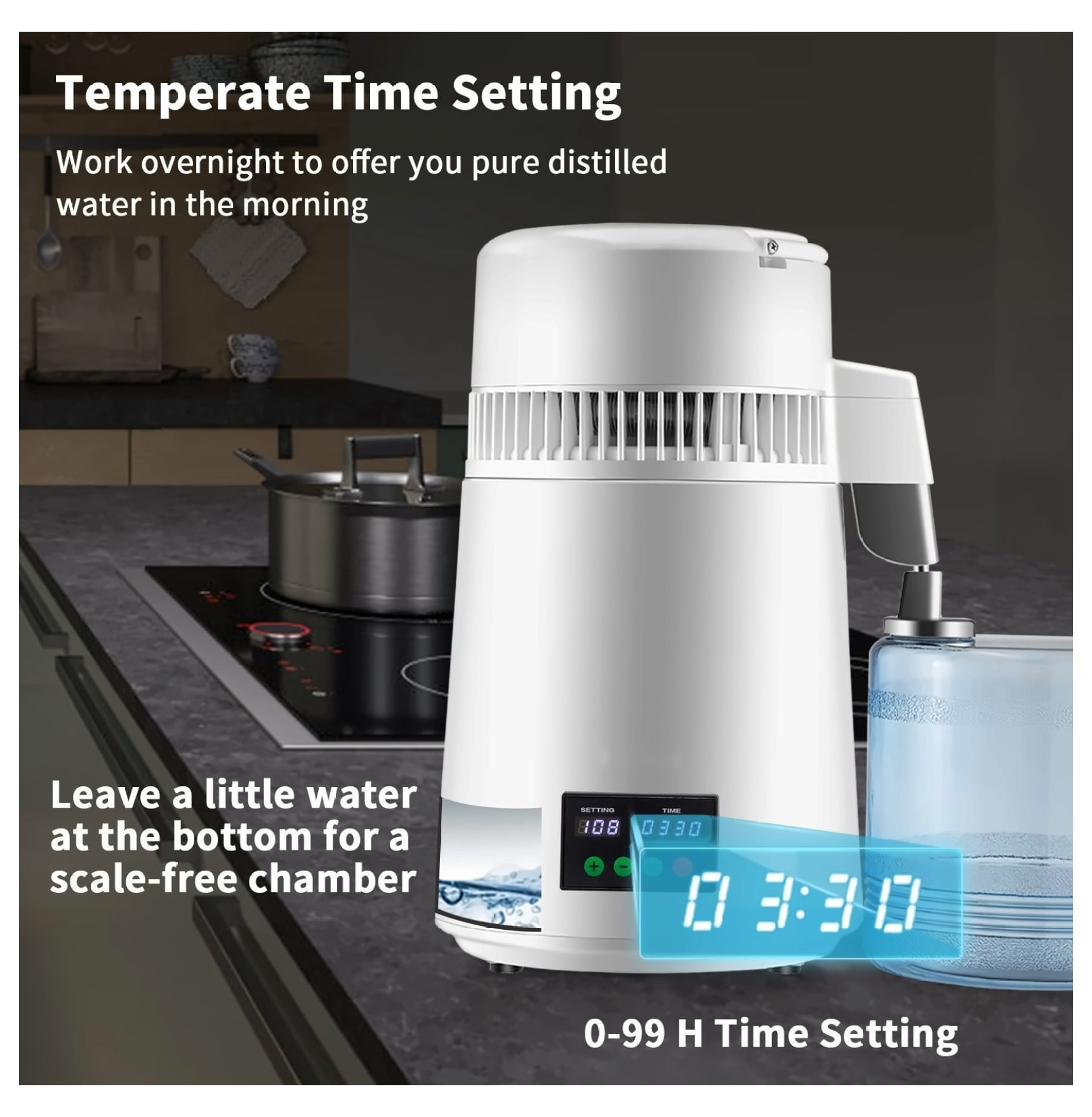 1.1Gal Water Distiller, 750W Distilled Water Machine, 0.3Gal/H, Temp & Time Control, Stainless Steel, w/ Carafe & Filters - White