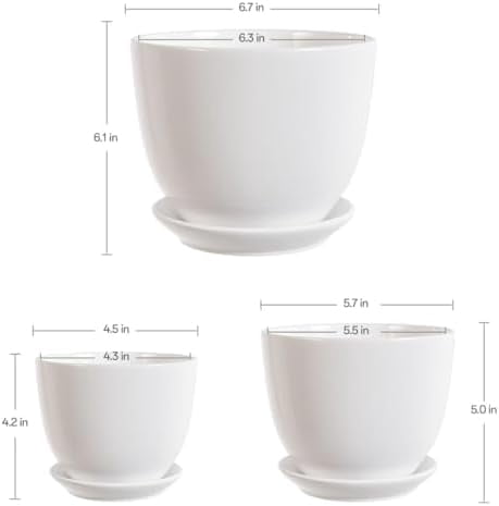 White Ceramic Plant Pots,Set of 3 Indoor Flower Pot with Saucers Small to Medium Sized Planters for Plants,Round Modern Garden Pots(White)