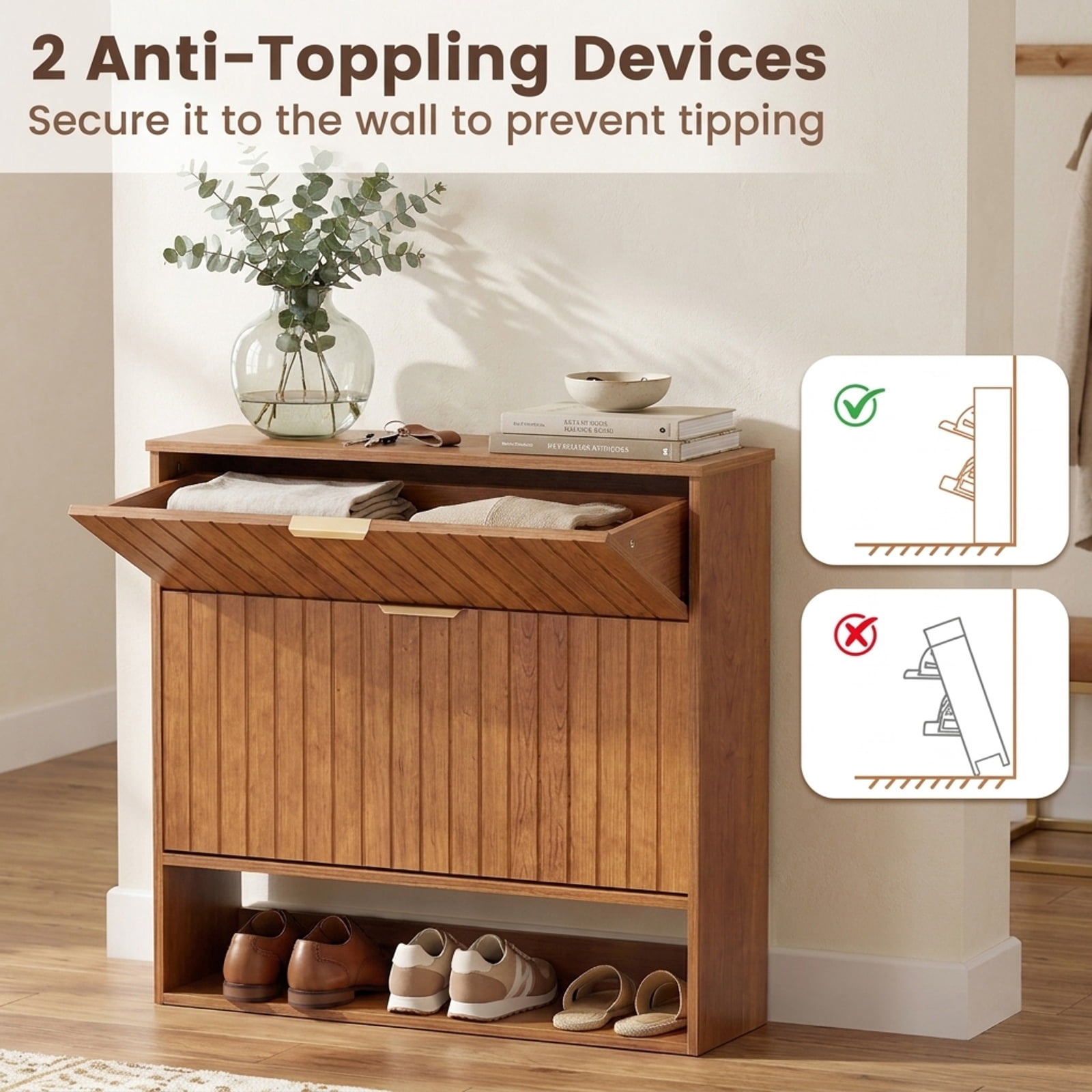 Furnibear Fluted Hidden Shoe Cabinet with 2 Flip Drawers and Open Storage for Narrow Entryway Hallway and Foyer Spaces, Walnut