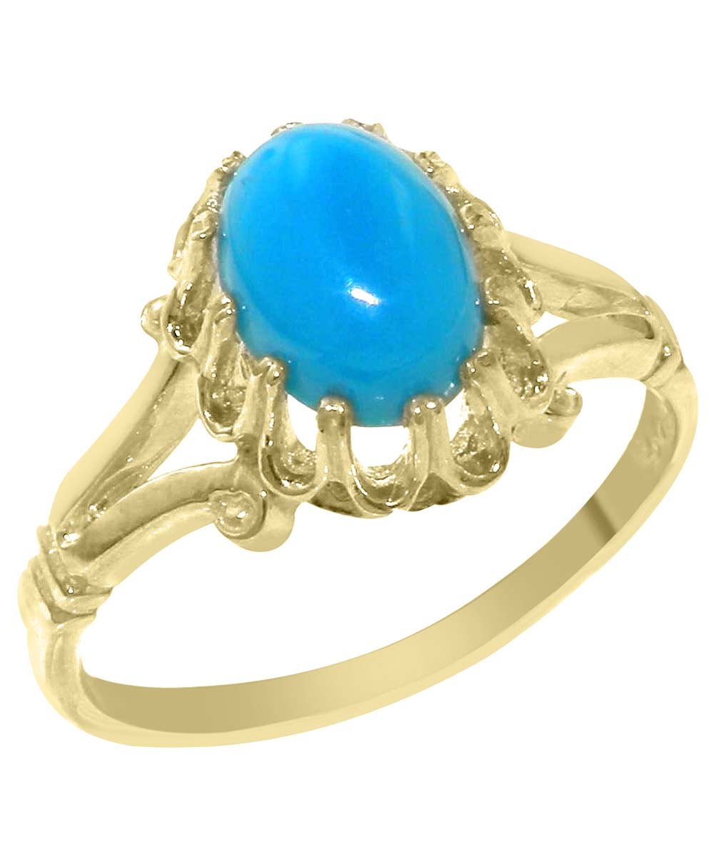 LBG British Made 9k Yellow Gold Ring with Natural Turquoise Womens
