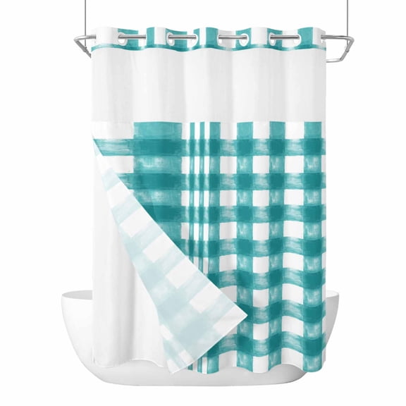 No Hook Shower Curtain, Turquoise Buffalo Check Stall Bathroom Curtains with Snap in Liner, Farmhouse Modern Teal Plaid Waterproof Washable Fabric Shower Curtain Set, 48"W x 72"L