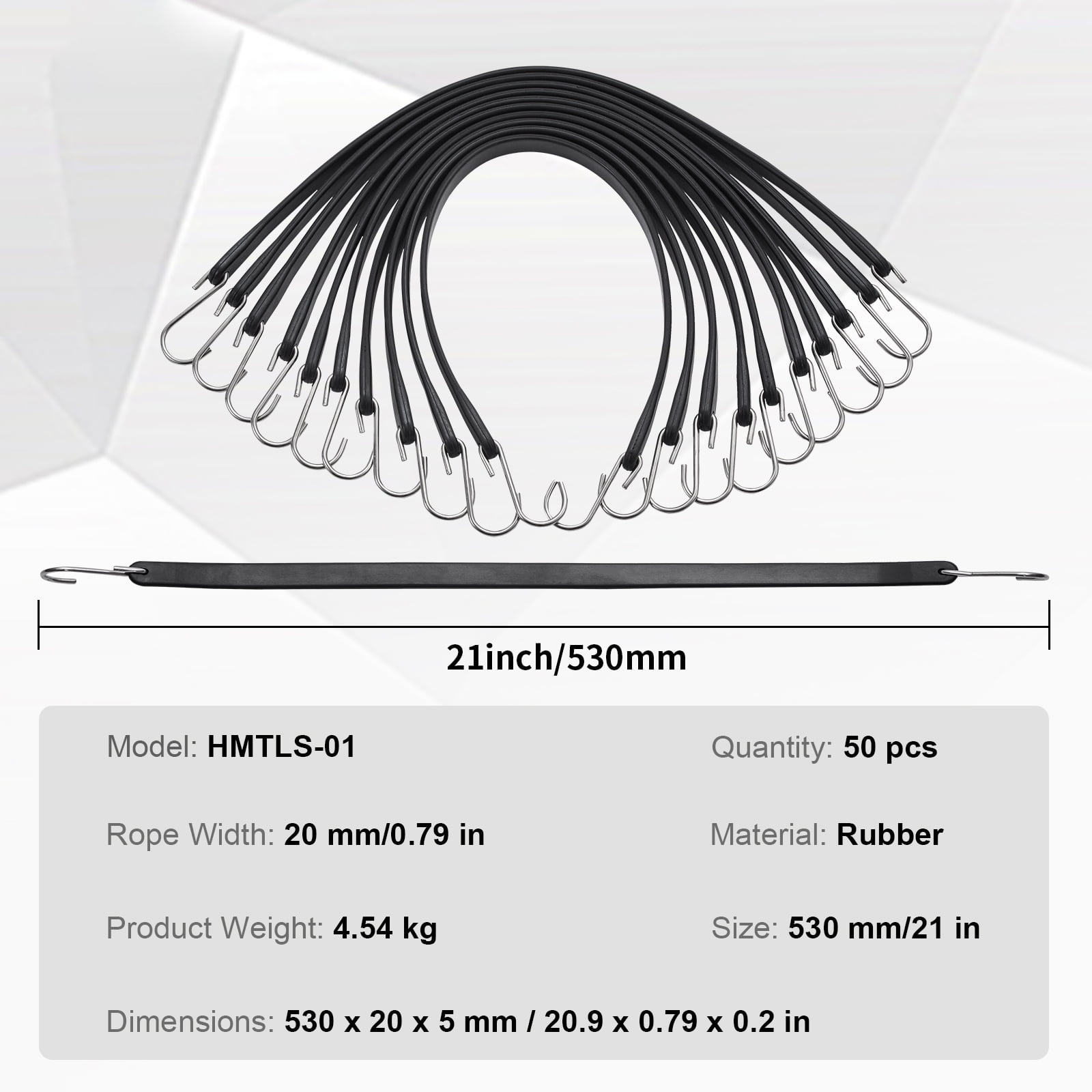 KFFKFF 50-Set Flat Bungee Cord, 19.8 mm Durable Elastic Straps with Steel S-Hooks, 21" Stretch Rope for Securing Cargo, Tarps in Trucks, Tents, Black