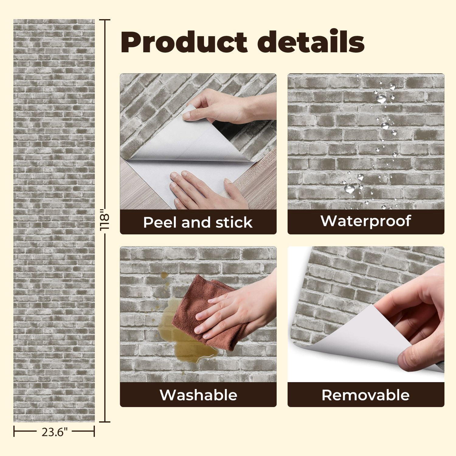 Peel and Stick Wallpaper Textured Gray Brick Wall Subtle Weathering Effect Wall Mural 23.6in x 9.8ft Self Adhesive Removable Wall Paper Renter Friendly Wallpaper for Nursery Bedroom Cabinets