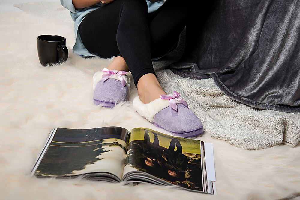 Women’s Soft & Cozy Memory Foam Plush Slippers with Ribbon Bow and Non-Slip Rubber Sole – Indoor Outdoor Spa House Shoes