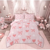 Manfei Girly Pink Bowknot Bedding Comforter Set for Girls, Kawaii Love Heart Twin Comforter Sets, Cherry Blossoms Reversible Bedding Set, Microfiber Bedroom Decor, 2 Pieces