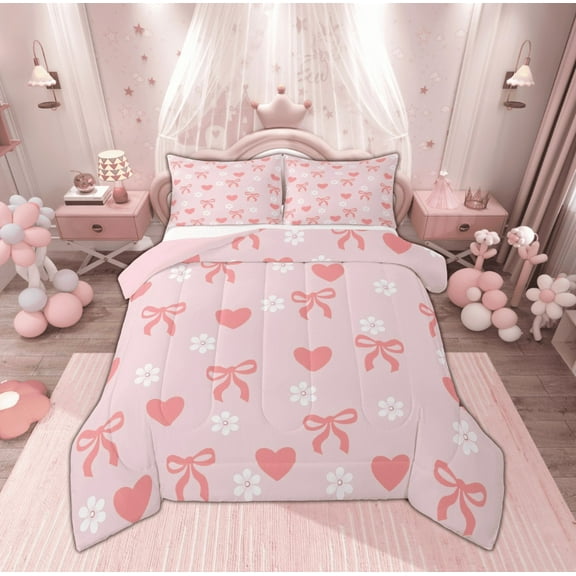 Manfei Girly Pink Bowknot Bedding Comforter Set for Girls, Kawaii Love Heart Twin Comforter Sets, Cherry Blossoms Reversible Bedding Set, Microfiber Bedroom Decor, 2 Pieces