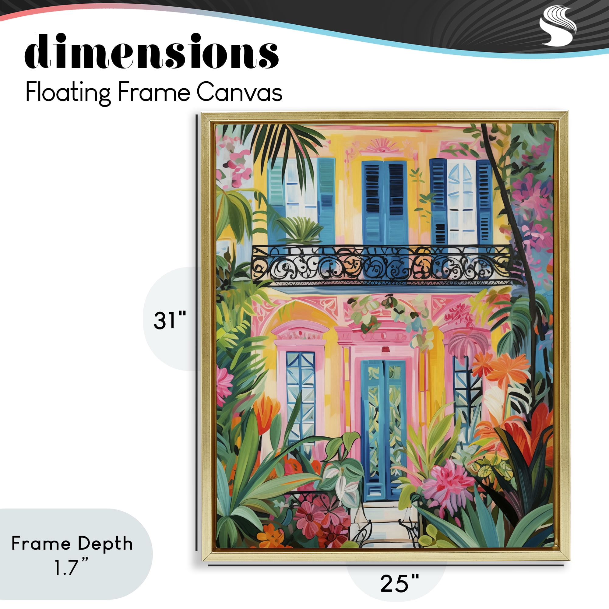 Stupell Industries Colorful Facade with Tropical Garden Gold Framed Floater Canvas Wall Art, design by LSR Design Studio