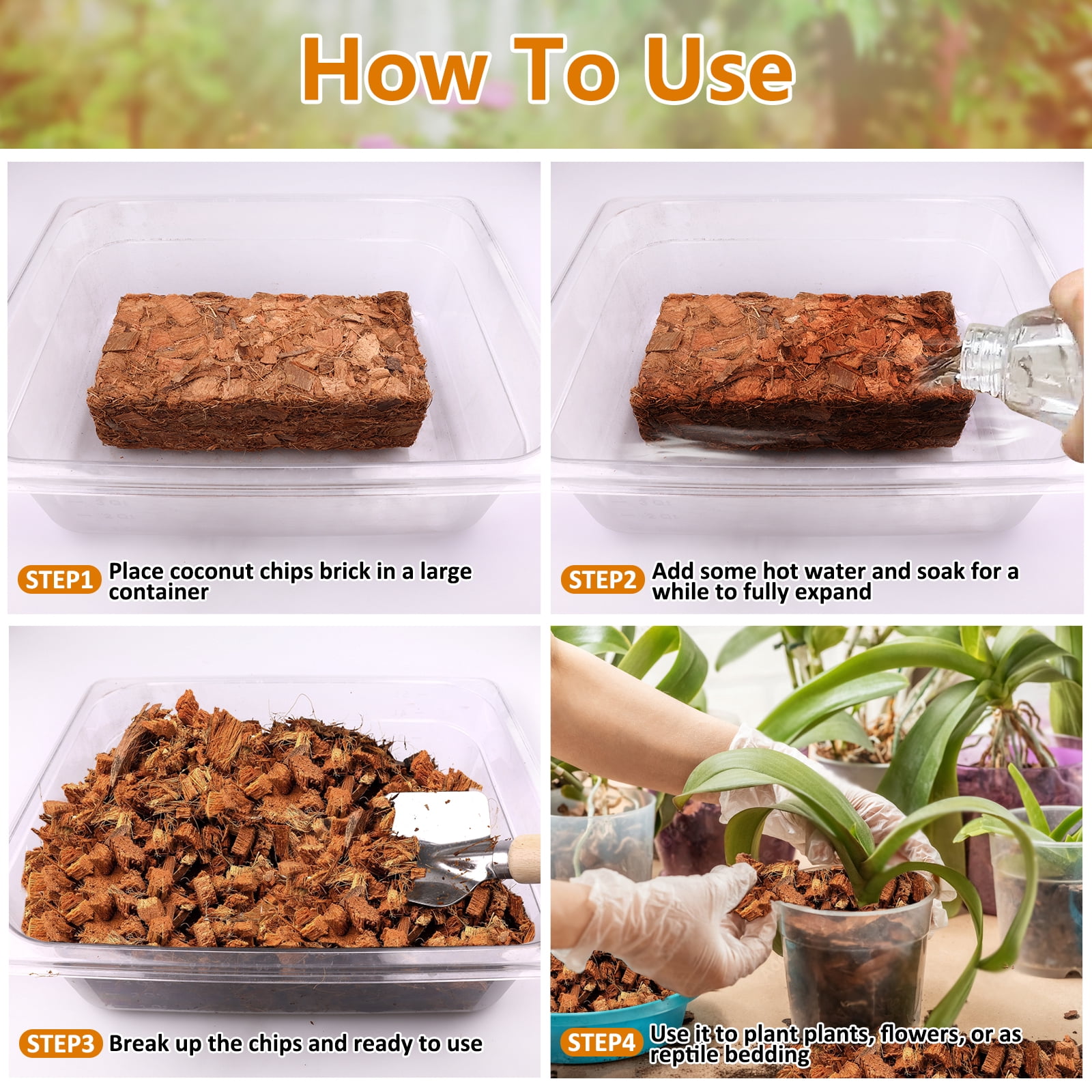 10 pack Coco Husk Chips- 100% Organic Coconut Coir Chips Brick Potting Soil Mix with Low EC & PH Balance, Compressed Coconut Substrate Coco Chips Mulch Medium for Garden, Flowers, Plants