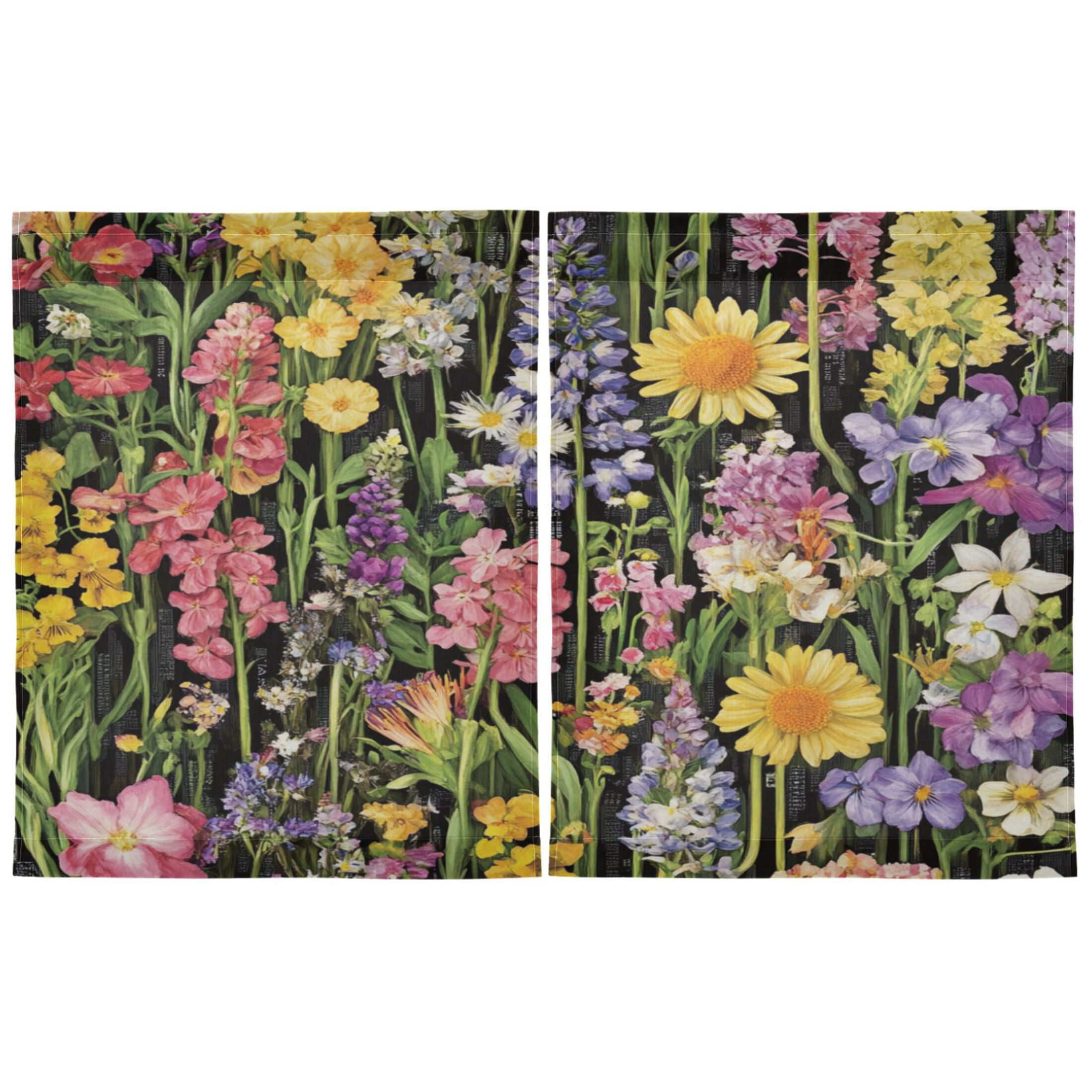 Spring Garden on Black 27"x36" Linen Look Cafe Curtain Set with Privacy and UV Protection