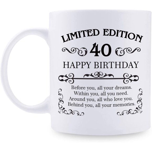40th Birthday Gifts for Women Men - 11 oz Coffee Mug - 40 Year Old Present Ideas for Mom, Dad, Wife, Husband, Son, Daughter, Friend, Colleague, Coworker (40th Birthday Gift)