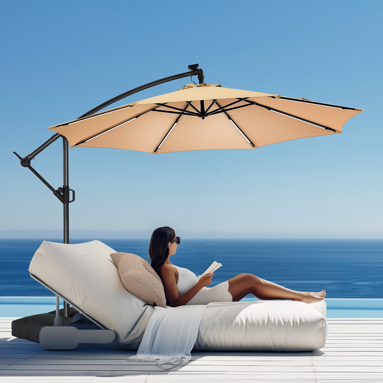 Patbrela 10ft Offset Patio Umbrella with Base, Cantilever Hanging Outdoor Umbrella with Solar Light Strips, Tilt Adjustment, Market Umbrella for Yard, Garden, Beach, Pool & Deck, Beige