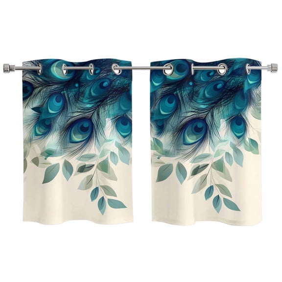 Teal Turquoise Kitchen Curtains Small Short 39 Inch Length, Peacock Feathers Aesthetics Eucalyptus Grommet Top Bedroom Living Room Curtains, Light Filtering Cafe Curtain Drapes 2 Panels Set 55''x39''
