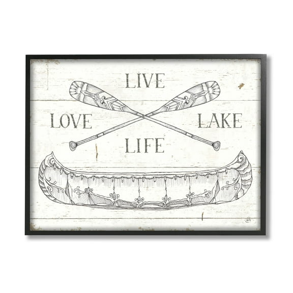 Stupell Industries Live Love Lake Rustic Canoe Oars Graphic Art Black Framed Art Print Wall Art, Design by Daphne Brissonnet