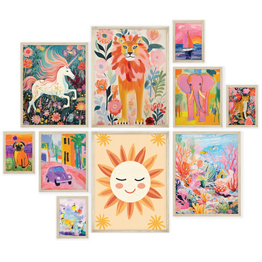 Nistio® Animal Artwork for Nursery, Kids Room Watercolor Prints with Lion, Elephant and Unicorn, Colorful Abstract Wall Art for Children, Set of 10 (Unframed)