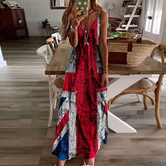 Dvkptbk Women's 4th of July American Flag Dress Sleeveless Summer Maxi Dress Patriotic Sundress Casual Star Striped Sleeveless Sundresses Dress Plus Size Summer Beach Dresses - Summer Clearance