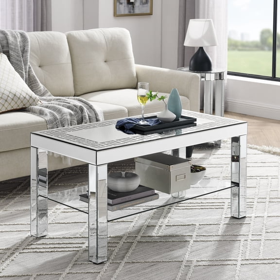 Miekor Furniture W 40" X D 20" X H 20" Curved border carved mirror coffee table: Silver mirror glass tabletop with sparkling diamond edge frame and crystal mirror legs, small coffee table MK0017
