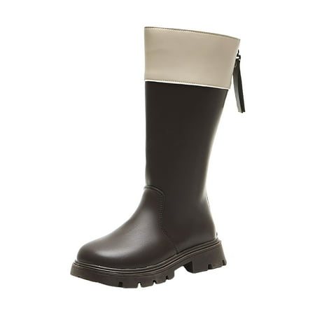 Hessimy Girls Knee High Boots Low Heels Dressing Shoes Little Kid(Brown 7-8 Years)