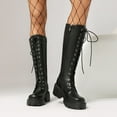 thumbnail image 2 of Black Women'S Fashion Knee High Boots Mid Heel Chunky Heels Round Toe Front Lace Up Side Zipper Winter Long Boots For Casual Wear Size 35, 2 of 9