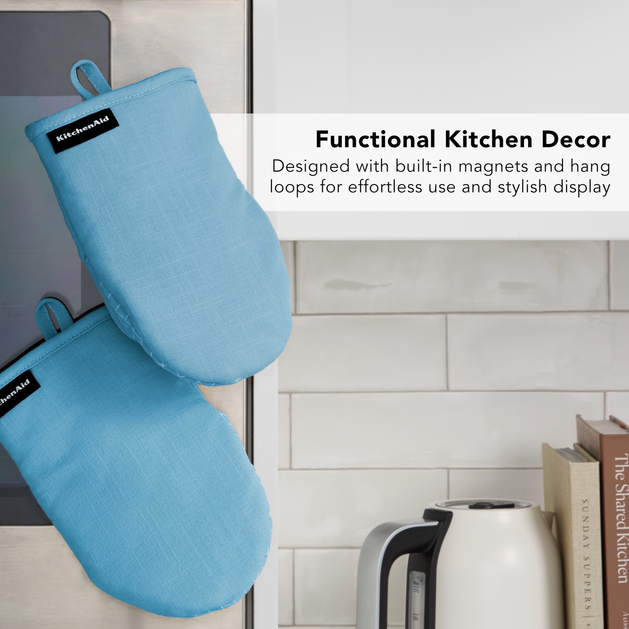 KITCHENAID Gourmet Series Gridlines Mini Oven Mitts 2-Pack Set, Heat Resistant up to 600°F, Soft Silicone Grip, Magnetic Cuff, Blue Velvet, 5.5"x9"