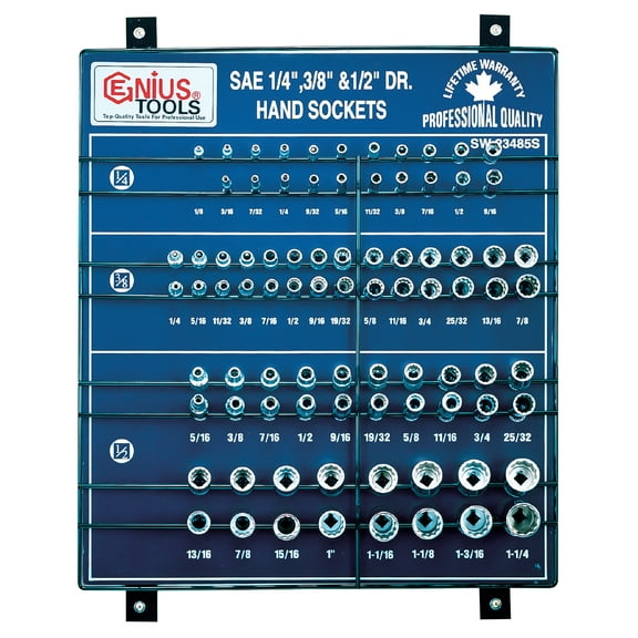 Genius Tools 85 Piece 1/4", 3/8" & 1/2" Dr. SAE Hand Socket Display Board - SW-23485S