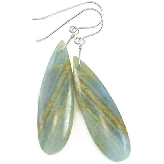 Sterling Silver Calcite Earrings Soft Aqua Blue Large Long Smooth Teardrops Earthy Simple Drops Designed for Adult Women