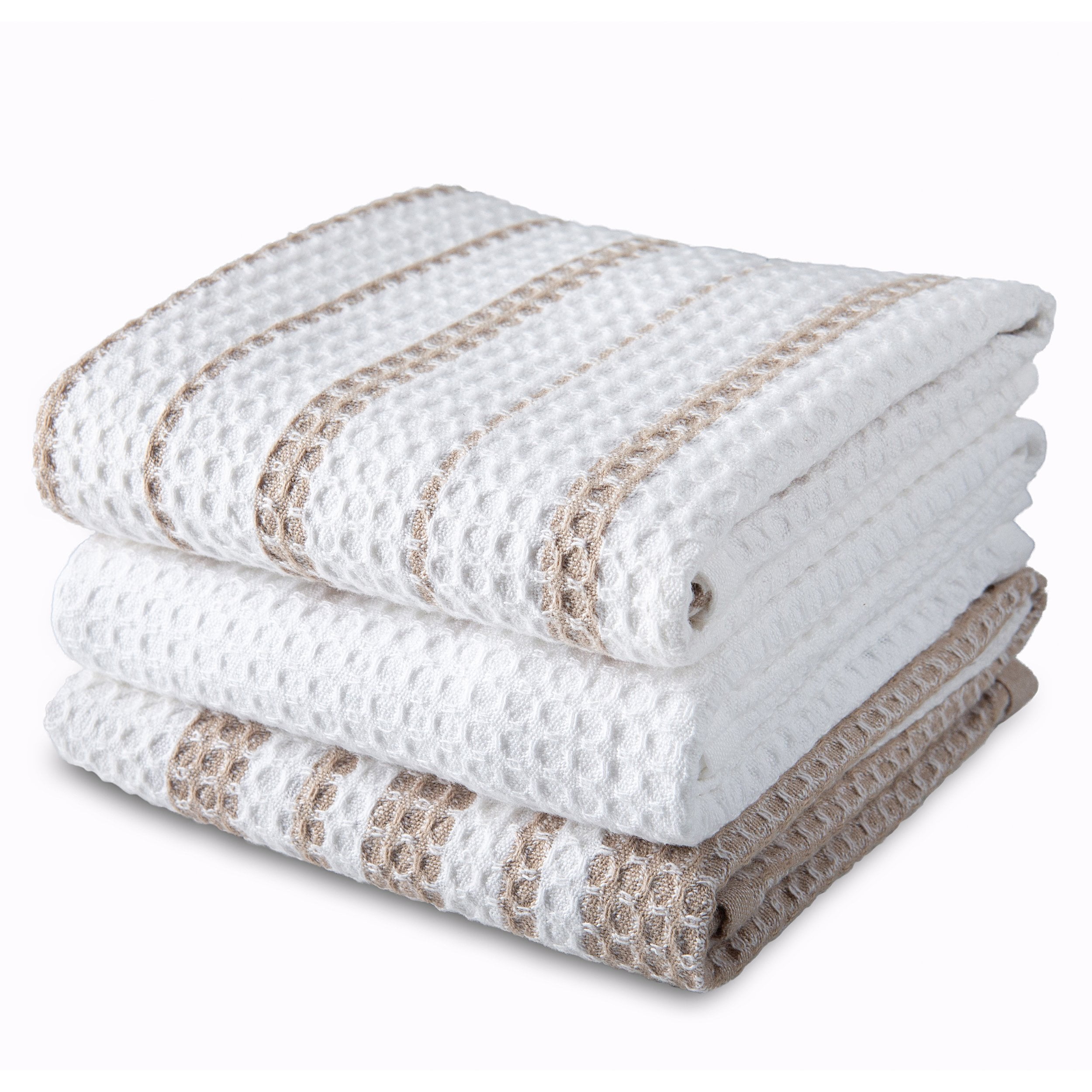 Cotton Waffle Weave Kitchen Towels 3 Pack (Tan, 28 in x 16 in) in