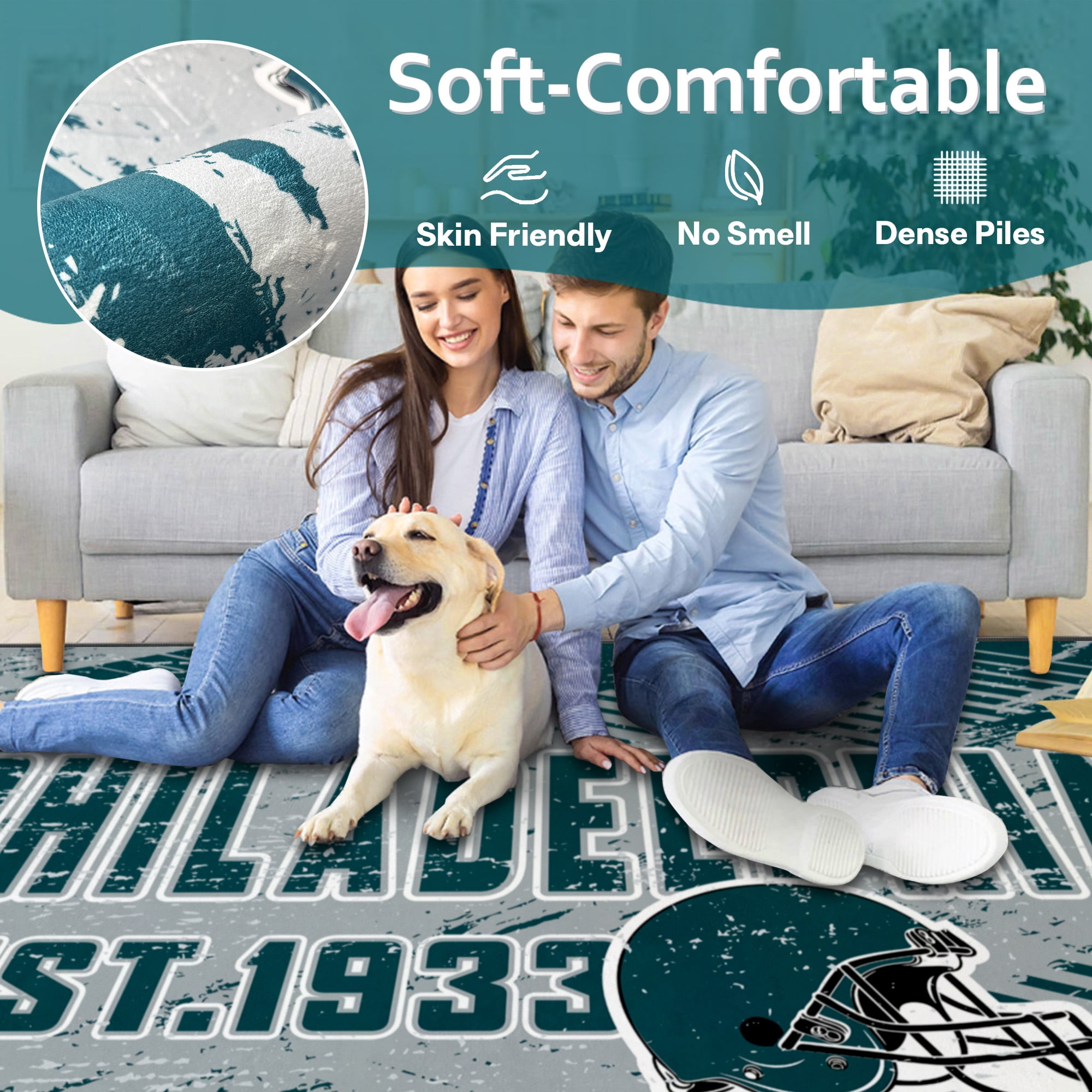 Philadelphia Football Rugs 2x3 Bedroom Living Room Football Carpet Non-Slip Machine Washable Area Rug for Boys and Man Cave Decor