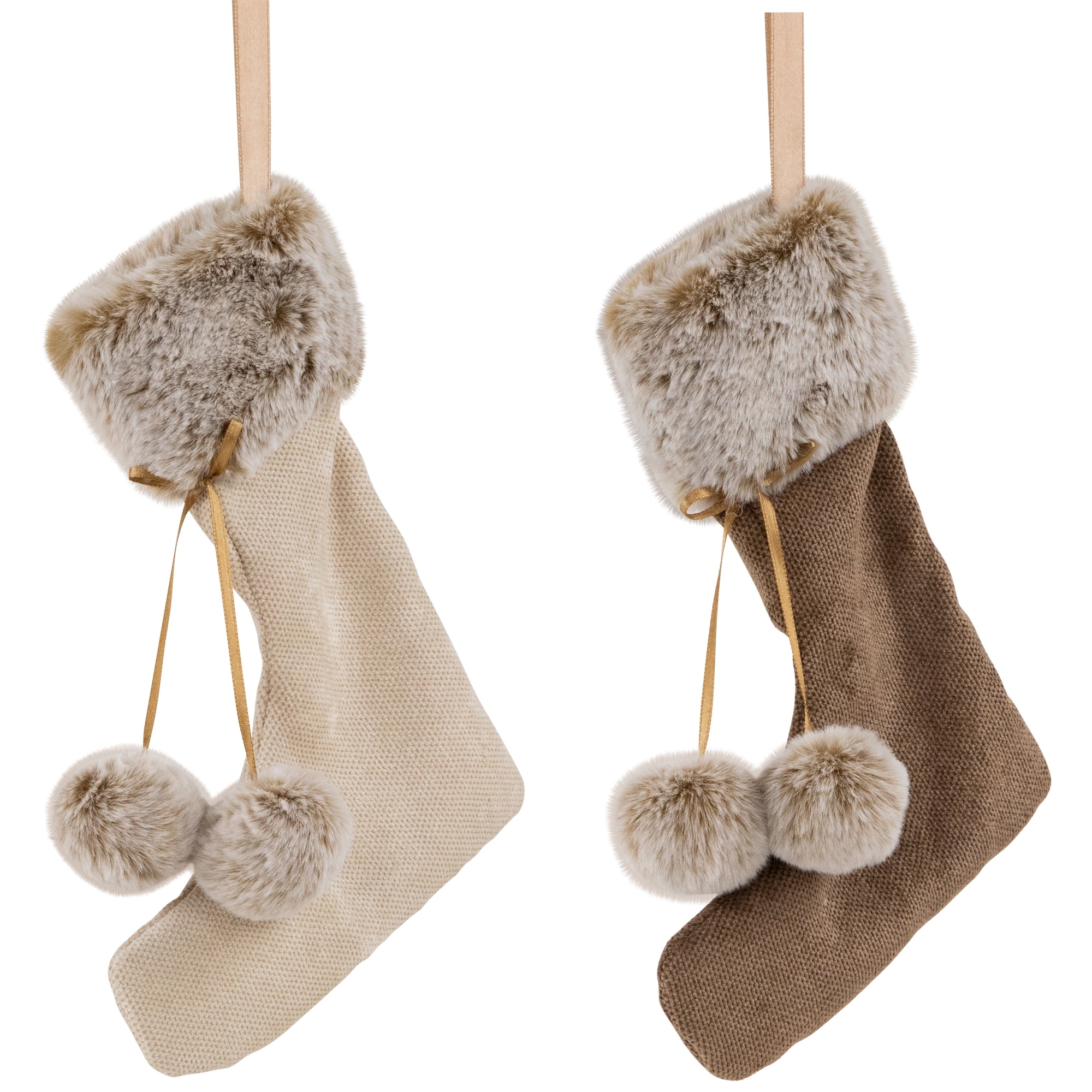 Northlight Plush Stockings Christmas Ornaments -  7.5" - Beige and Brown - Set of 2