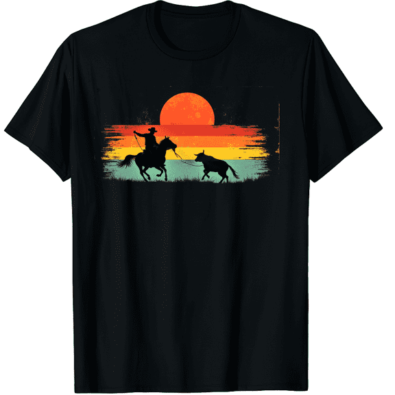 Breakaway Roping Cowboy Retro Rodeo Graphic Calf Roping Graphic Black T-Shirt for Men and Women