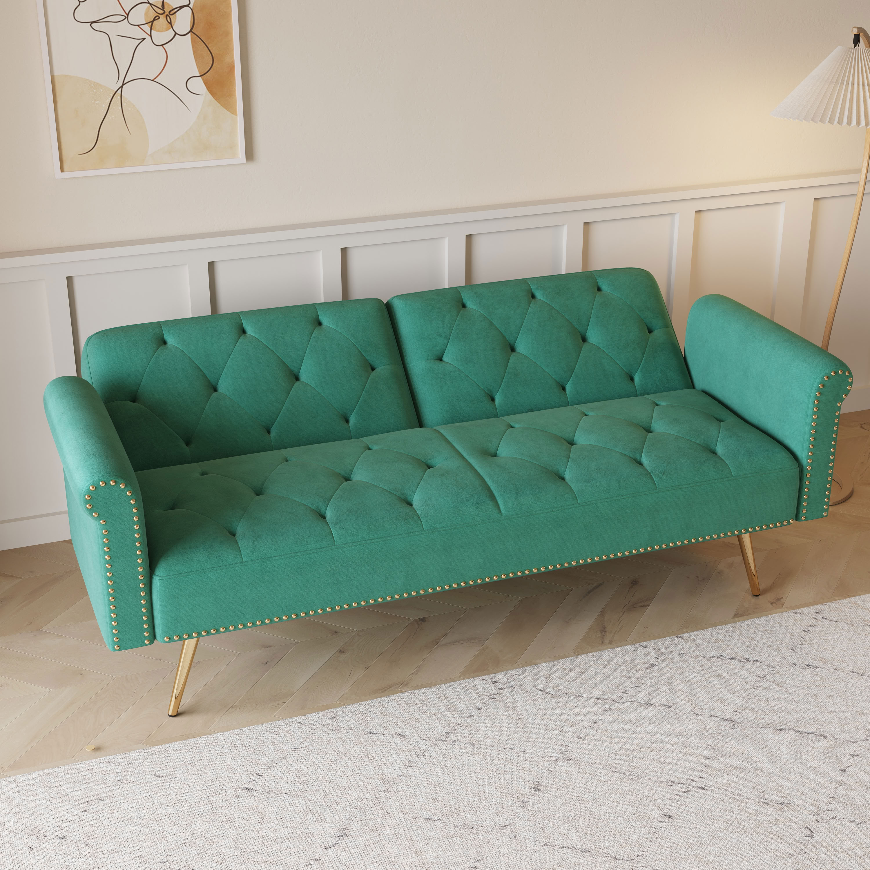 MAYEERTY Convertible Sofa Bed, Loveseat Sofa with Matching Pillows, Velvet Upholstered for Apartments Small Space, Green
