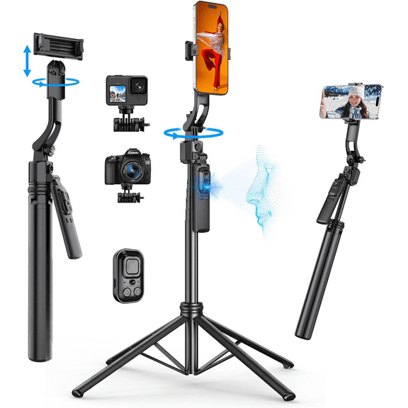 63.77" Extendable Auto Face Tracking Tripod with Stand, 360° Rotation That Follows Your Movement, Portable Phone Tripod Stand with Remote for Content Creator Vlog Live Stream Video Recording