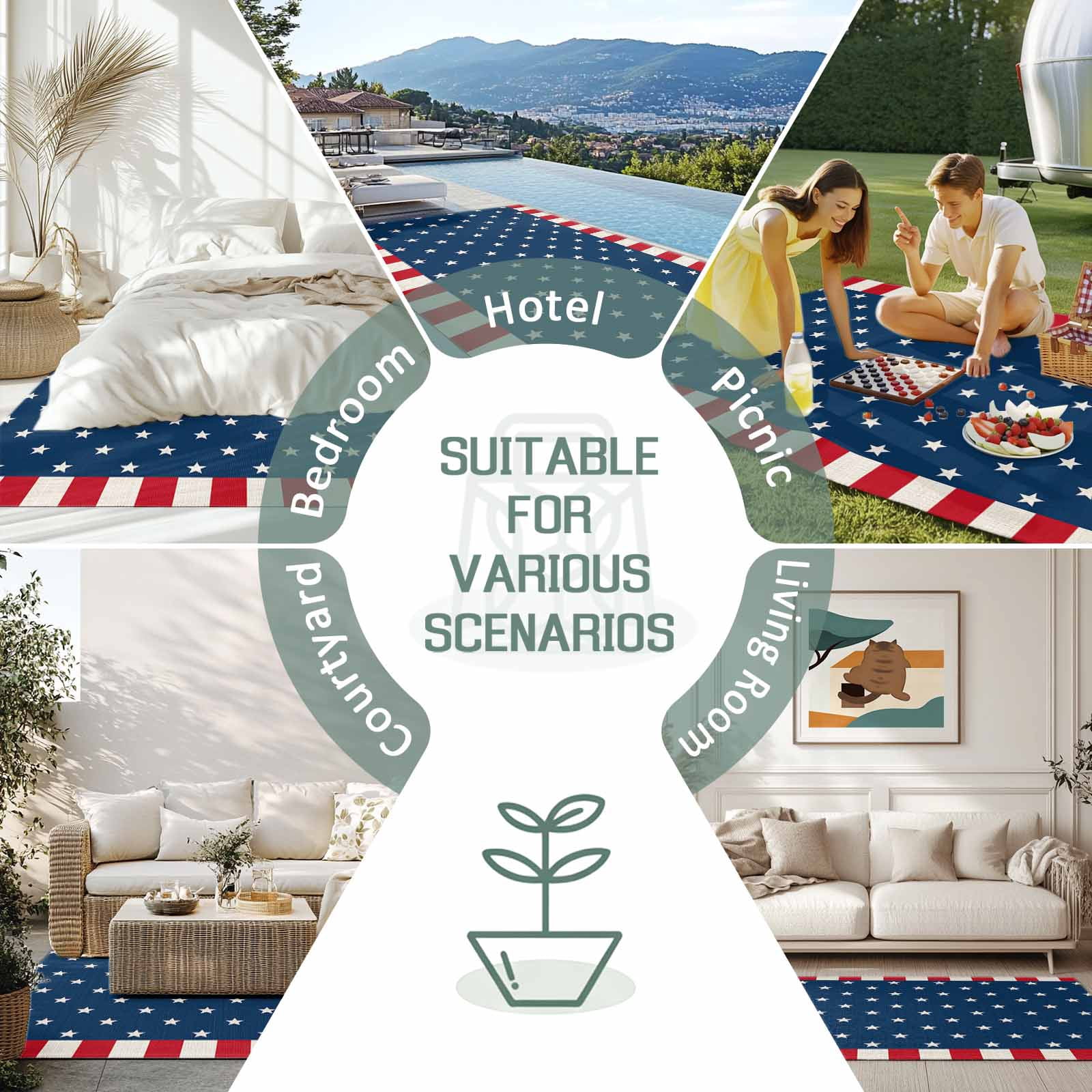 4' x 6' Outdoor Rug, Independence Day American Flag Outdoor Washable Rug Large Floor Carpet, White Star Red Stripes Non Shedding Area Rug for Outside Patio RV Porch Deck Balcony Camping Living Room