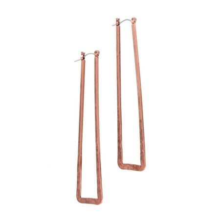 - Copper Ox Tone Long Rectangle Shaped Flat Hammered Pierced Hoop Earrings 3