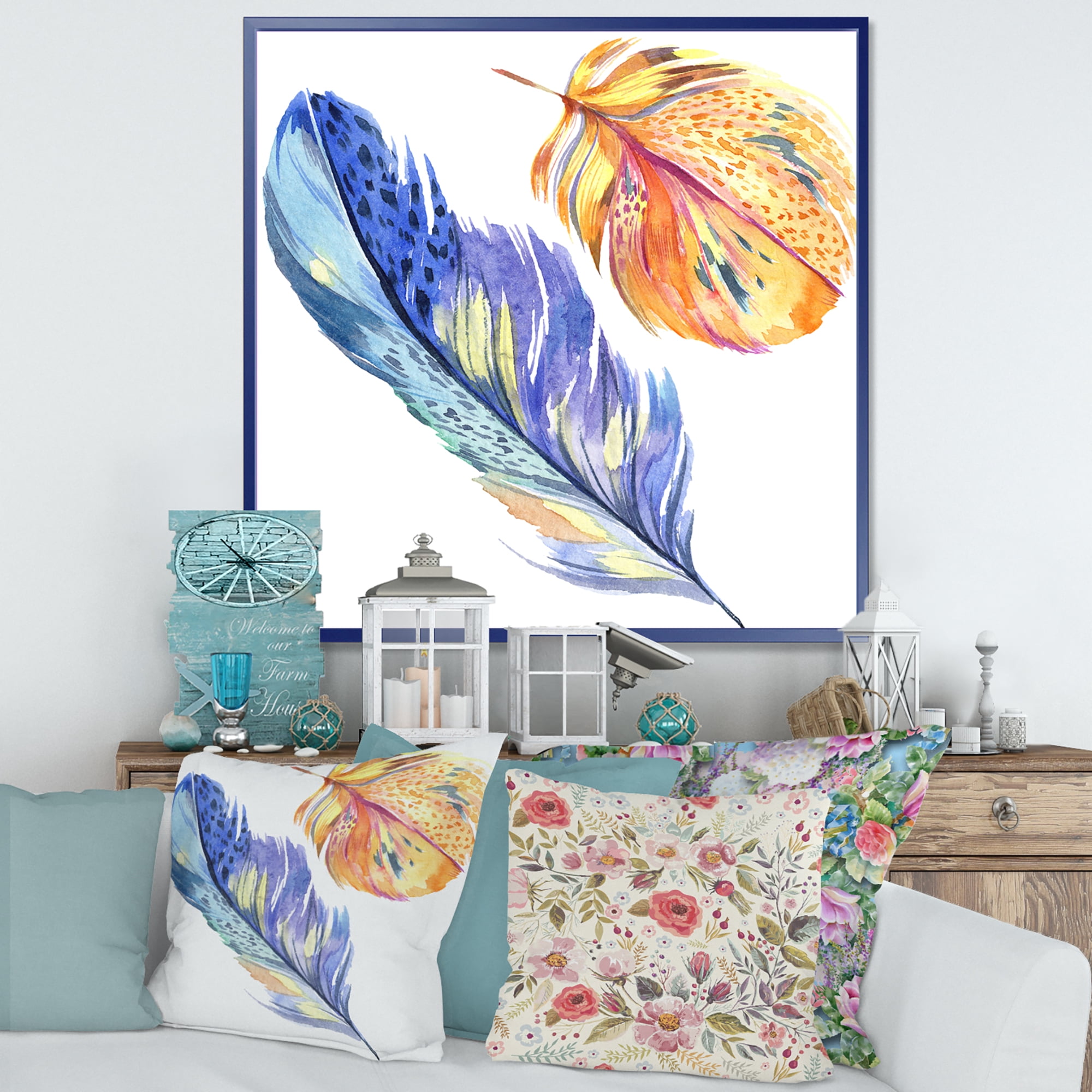 Colorful Blue and Golden Bird Feather From Wing 36 in x 36 in Framed Painting Canvas Art Print, by Designart